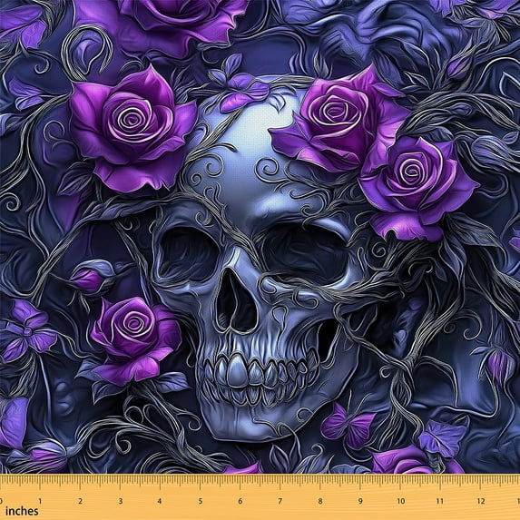 Erosebridal Sugar Skull Fabric By The Yard,Gothic Skeleton Bones Upholstery Fabric,Purple Rose Indoor Outdoor Fabric,Terror Themed Decorative Fabric,Purple Grey,2 Yards