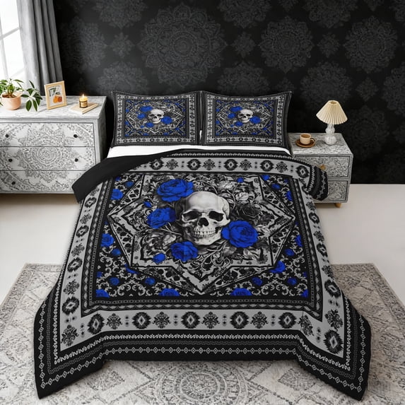 Erosebridal Sugar Skull Queen Comforter Set, Bohemian Aztec Mandala Bedding Comforter Set, Black Gray Blue, Black Reversible 3pcs, 1 Comforter and 2 Pillowcases