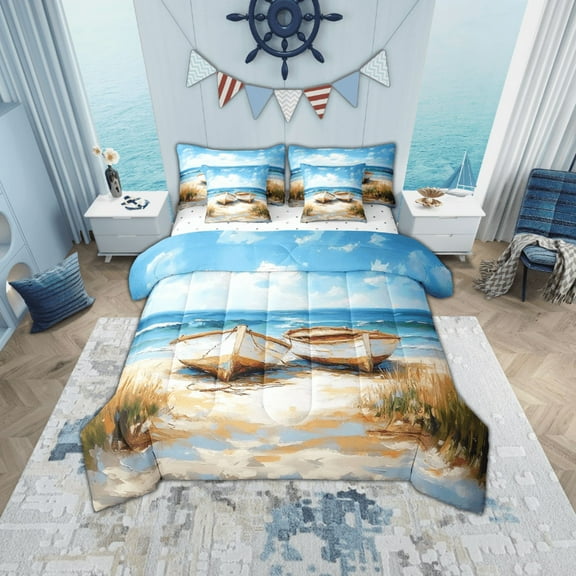 Erosebridal Summer Beach Bedding Sets Twin Size, Oil Painting Boat Comforter Sets with Sheets, Nautical Theme Bedroom Decor, Reversible 7-Piece