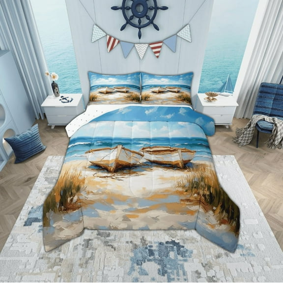 Erosebridal Summer Beach Bedding Twin Comforter Set, Oil Painting Boat Down Comforter, Nautical Theme Bedroom Decor, Reversible 2-Piece