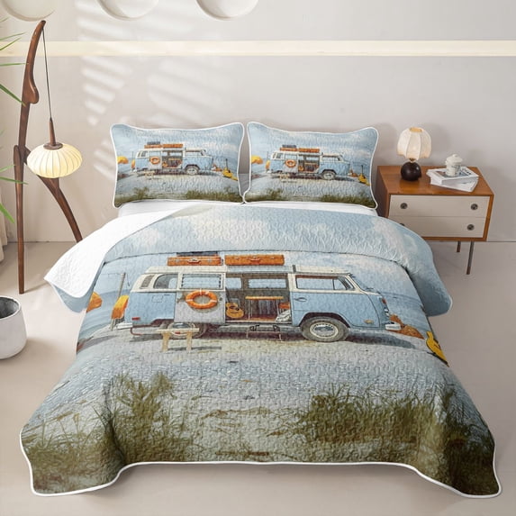 Erosebridal Summer Beach Camp Quilt Full for Boys Girls, RV Camping Car Full Bedspread Sets, 3 Pieces