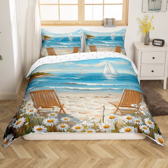 Erosebridal Summer Beach Comforter Cover Twin, Groovy Flower Duvet Cover Twin, Sailboat Marine Reversible Bedding Twin Size, Ultra Soft Bedroom Decor, 2pcs（No Comforter）
