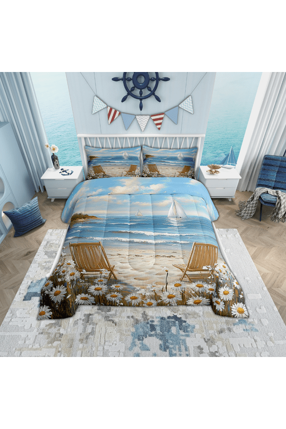 Summer Beach Comforter Sets Queen Size, Groovy Flower Comforters & Duvets, Sailboat Marine Reversible Duvet Insert, Ultra Soft Bedroom Decor, 3pcs