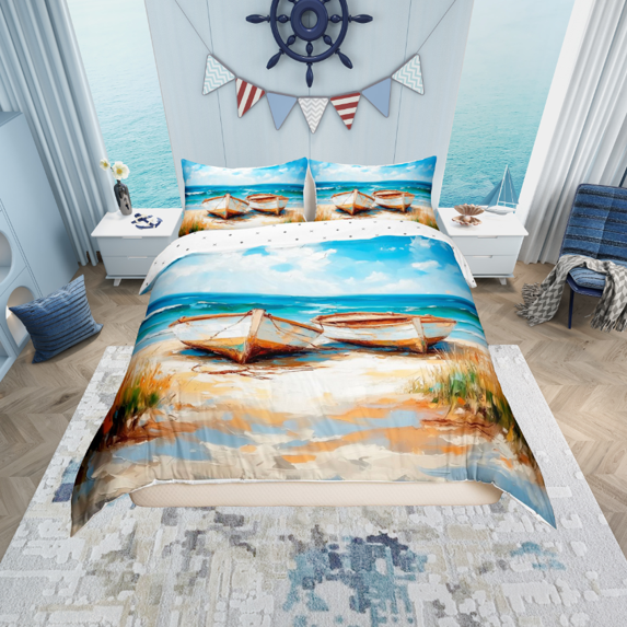 Erosebridal Summer Beach Duvet Cover Full, Oil Painting Boat Bedding Sets Full Size, Nautical Theme Bedroom Decor, Reversible 3-Piece (No Comforter)