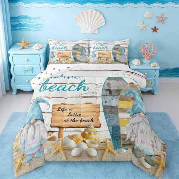 Erosebridal Summer Beach Full Size Comforter Sets,Cartoon Gnome Cute Seashell Starfish Bedding Sets For Kids Girls,Reversible,3pcs