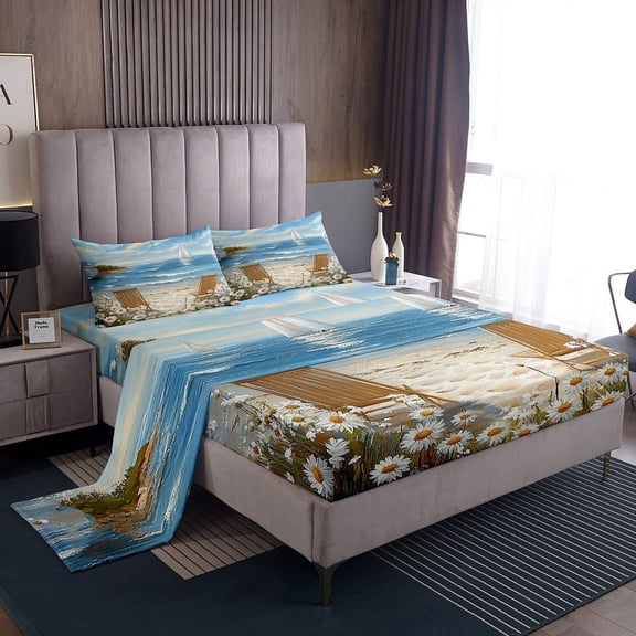 Erosebridal Summer Beach Sheet Set Twin, Groovy Flower Twin Sheet Sets, Sailboat Marine Bedding Sets Twin Size, Ultra Soft Bedroom Decor, 3pcs