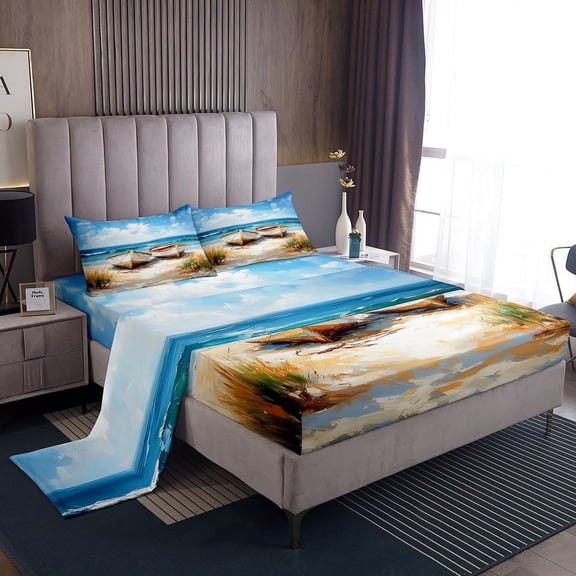 Erosebridal Summer Beach Sheet Set Twin , Oil Painting Boat Bedding Sets Twin Size, Nautical Theme Bedroom Decor 3-Piece