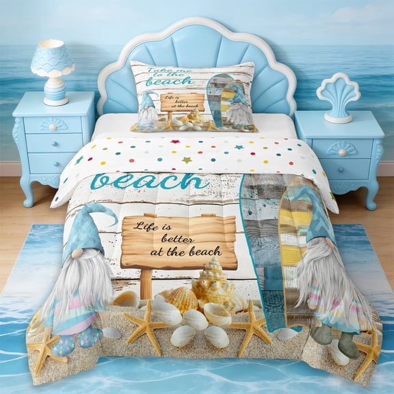 Erosebridal Summer Beach Twin Comforter Sets,Cartoon Gnome Cute Seashell Starfish Bedding Set For Kids Girls,Reversible,2 Pieces