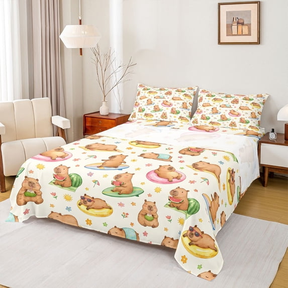 Erosebridal Summer Capybara Full Size Sheets for Kids, Cartoon Flower Animals Bed Sheets, 4-Piece