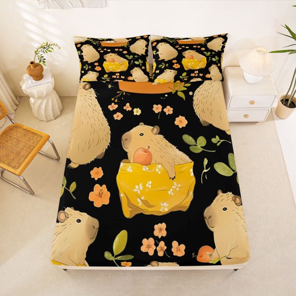 Erosebridal Summer Capybara Kid Bed Sheets, Rustic Flower King Sheets, 4-Piece