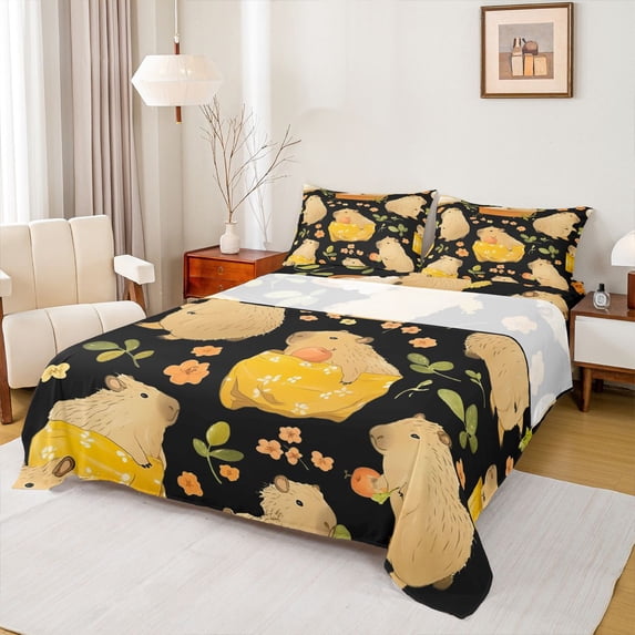 Erosebridal Summer Capybara Kid Full Size Sheets, Rustic Flower Bed Sheets, 4-Piece