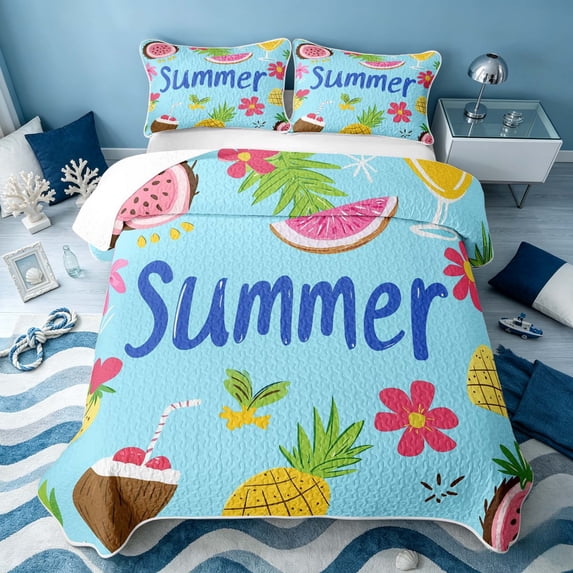Erosebridal Summer Holiday Twin Quilt Set, Tropical Fruit Twin Coverlet Set, Navy Reversible 2 Pieces, 1 Bedspread and 1 Pillowcase