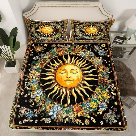 Erosebridal Sun Moon Bed Sheet Set Full Size, Boho Exotic Fitted Sheet Bohemian Bedding Set Galaxy Teens Bed Cover Bedroom Decor Lightweight Bed Set（No Top Sheet）