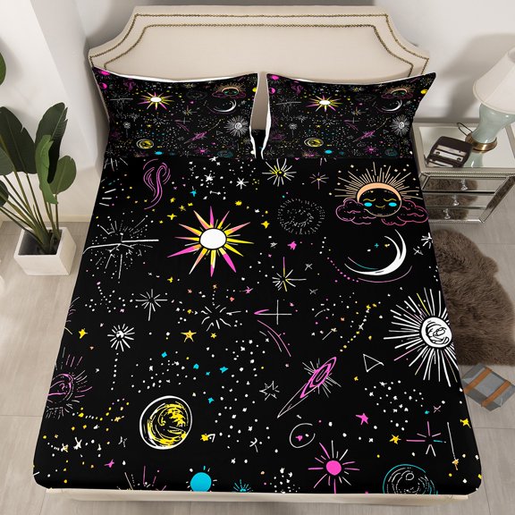 Erosebridal Sun and Moon Bed Sheets Psychedelic Galaxy Fitted Sheet Twin Size, Constellations Astrology Sheets Mystic Stars Nebula Bedding, Hippie Celestial Planets Bed Cover