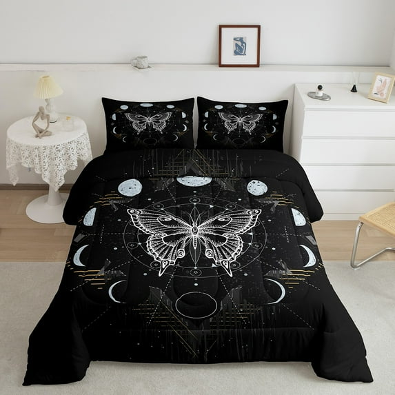 Erosebridal Sun and Moon Bedding Twin Bed Comforter Sets Butterfly Decorations Comforter Set Death Star Galaxy Moon Duvet Insert 3 Pieces Teenagers Youth, Black White