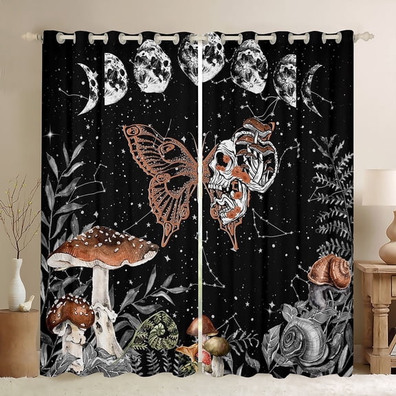 Erosebridal Sun and Moon 30%-50% Blackout Curtains for Bedroom Galaxy Gothic Skull Curtains Boho Mushrooms Botanical Fungus Curtains & Drapes Skeleton Butterfly Decor Window Curtains 42Wx90L