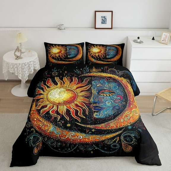 Erosebridal Sun Moon Comforter Set Queen Size, Boho Exotic Bedding Set Bohemian Comforter Galaxy Teens Duvet Set Bedroom Decor Bed Set 3Pcs
