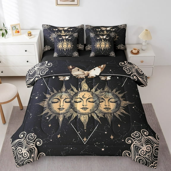 Erosebridal Sun Moon Moth Bed in a Bag Full size,Bohemian Damask Bed Set,Psychedelic Astrology Bedding Full Size,Lightweight Exotic Room Decor,Reversible,7-Piece