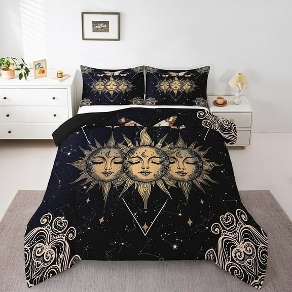 Erosebridal Sun Moon Moth Bedding Sets Full with Comforter,Bohemian Damask Duvet Insert,Psychedelic Astrology Comforter Sets Full Size,Lightweight Exotic Room Decor,Reversible,3pcs
