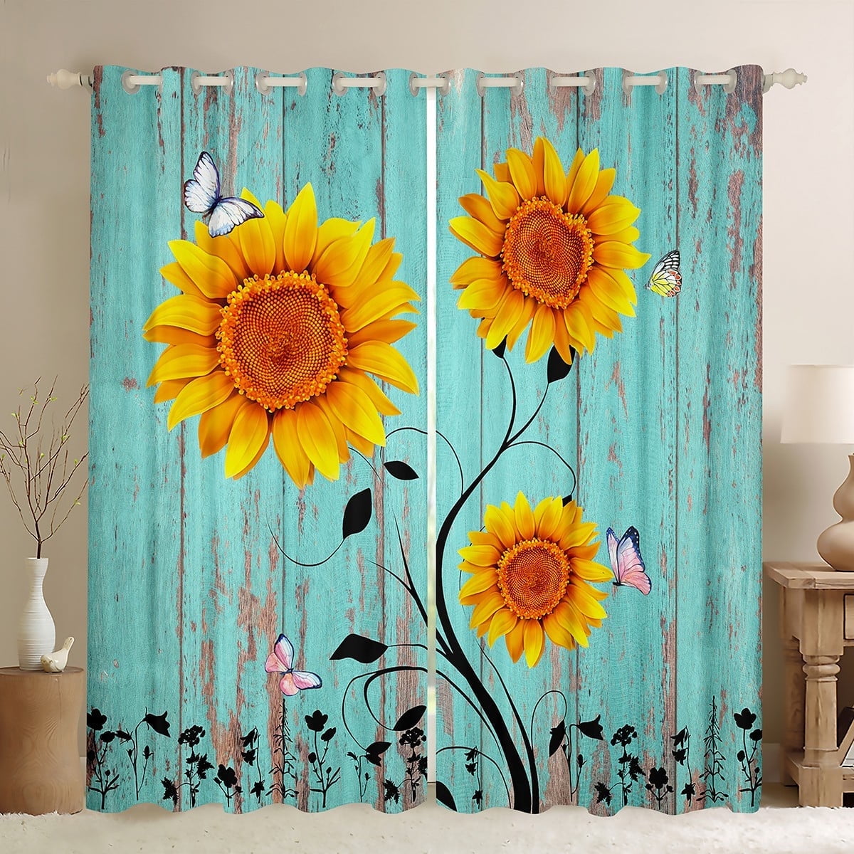 Erosebridal Sunflower Curtains Butterfly Window Treatment,Heart 並行輸入品 Erosebridal Sunflower 30%-50% Blackout Curtains for Bedroom,Distressed Blue  Wooden Board Curtains,Yellow Flowers Butterfly Window Curtains \u0026