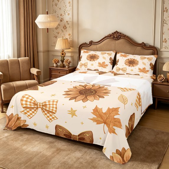 Erosebridal Sunflower Bow Bed Sheets 4-Piece,Fall Harvest Full Size Sheets,Brown,1 Flat Sheet, 1 Fitted Sheet and 2 Pillowcases