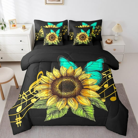 Erosebridal Sunflower Butterfly Bedding Sets King Size, Gold Music Notes Melody Comforter Sets with Sheets, Blossoms Home Deccor, Reversible 7 Pieces
