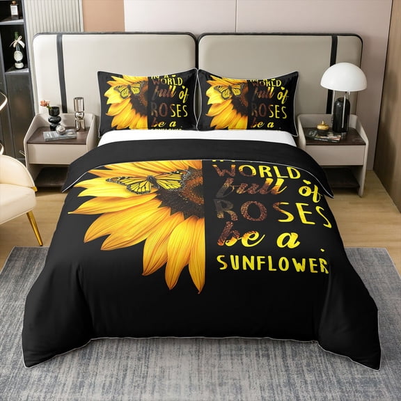 Erosebridal Sunflower Butterfly Comforter Cover Yellow Floral Bedding Set King Size Boho Chic Duvet Cover Spring Romantic Garden Style Quilt Cover Room Decorative,Black
