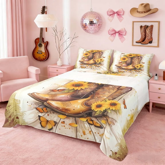 Erosebridal Sunflower Butterfly Cowgirl Boots Print Full Size Sheets, Watercolor Western Bed Sheets for Girls, 1 Flat Sheet, 1 Fitted Sheet and 2 Pillowcases