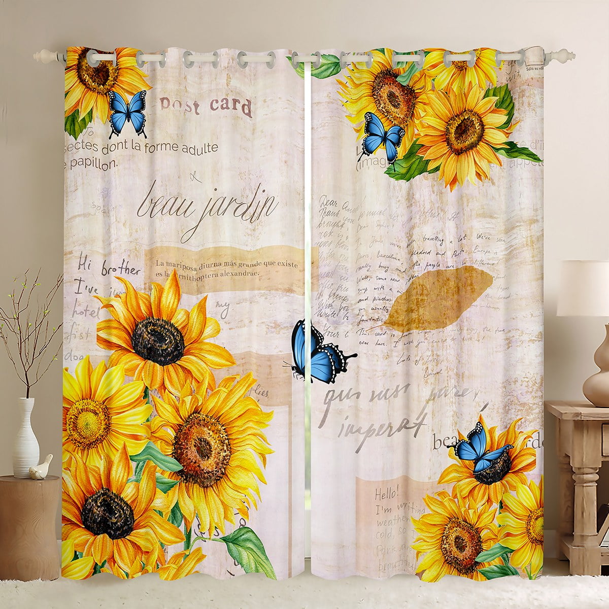 Erosebridal Sunflower Curtains Butterfly Window Treatment,Heart 並行輸入品 Erosebridal Sunflower 30%-50% Blackout Curtains for Bedroom,Distressed Blue  Wooden Board Curtains,Yellow Flowers Butterfly Window Curtains \u0026