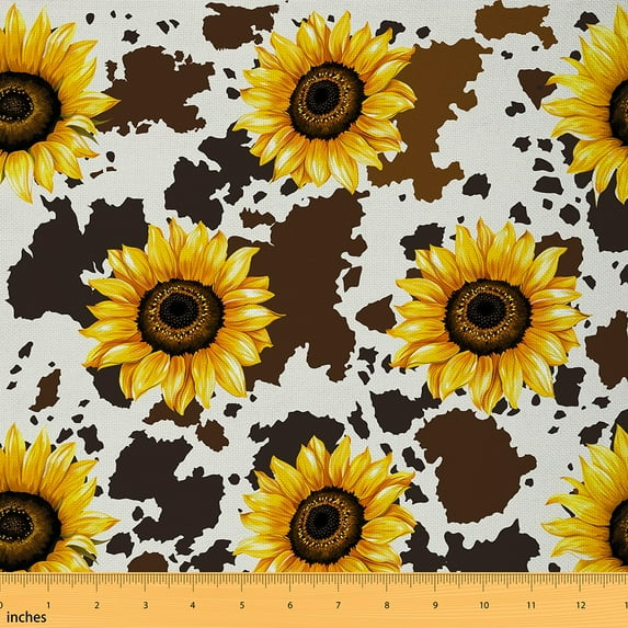 Erosebridal Sunflower Decorative Fabric,Rustic Cowhide Print Fabric,Yellow Floral Flowers Upholstery Fabric,Western Cow Animal Waterproof Fabric,Vintage Farmhouse theme Indoor Outdoor Fabric,1 Yard