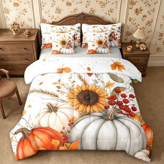 Erosebridal Sunflower Pumpkin King Bedding 7pcs,Fall Harvest King Bed in a Bag,Orange White,Reversible
