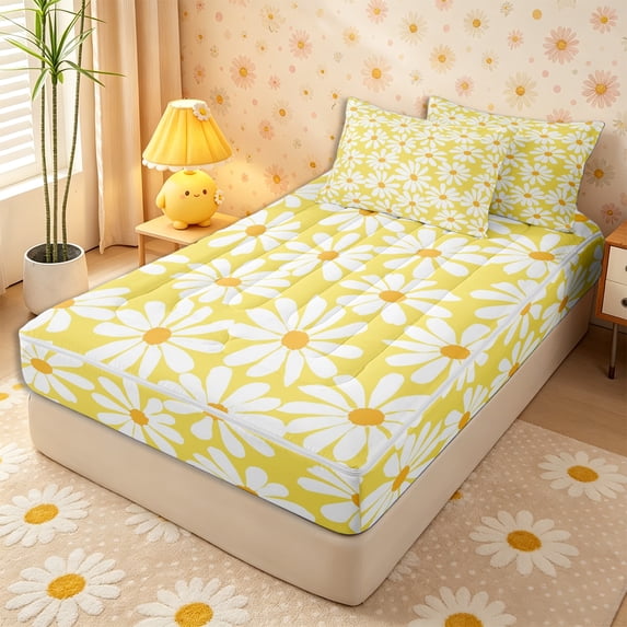 Erosebridal Sunny Daisy Print Zipper Twin Comforter Sets with Fitted Sheet and 2 Pillowcases,Oversize Floral Color Dot Yellow Background Accent Zipper Bedding Set,Butter White,4-Piece,Reversible