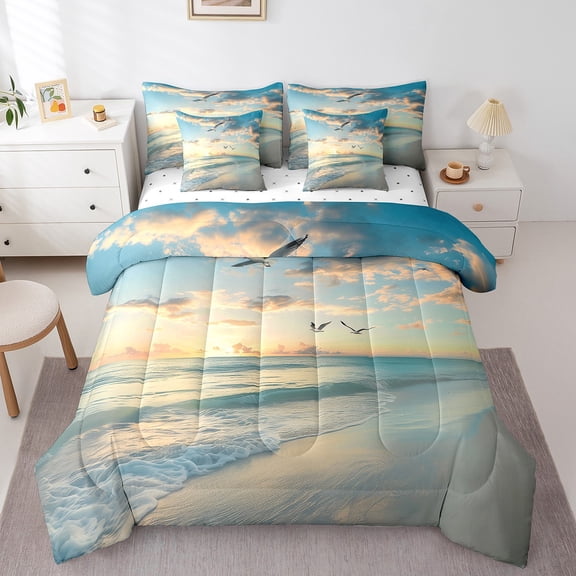 Erosebridal Sunset Beach Bed in a Bag Full size, Coastal Ocean Bed Set, Teens Female Male Reversible Bedding Full Size, Ultra Soft Bedroom Decoration, 7pcs