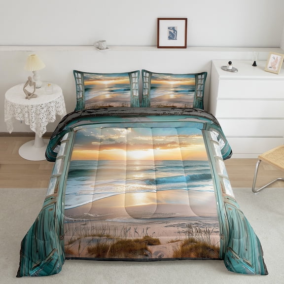 Erosebridal Sunset Beach Bedding Sets Full with Comforter, Romantic Marine Comforter Sets Full Size, Summer Holiday Reversible Down Comforter, Super Cozy Bedroom Decor, 3pcs