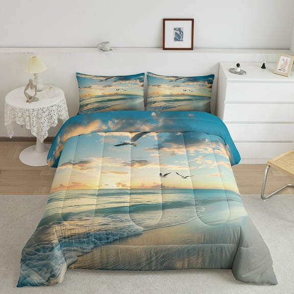 Erosebridal Sunset Beach Bedding Sets King with Comforter, Coastal Ocean Comforter Sets King Size, Teens Female Male Reversible Down Comforter, Ultra Soft Bedroom Decoration, 3pcs