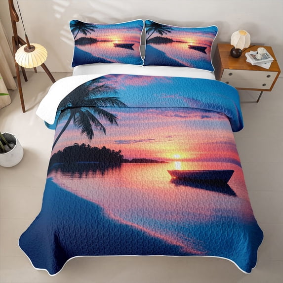 Erosebridal Sunset Beach Pattern Twin Quilt Set,Palm Boat Tropical Twin Coverlet Set For Boys,2 Pieces
