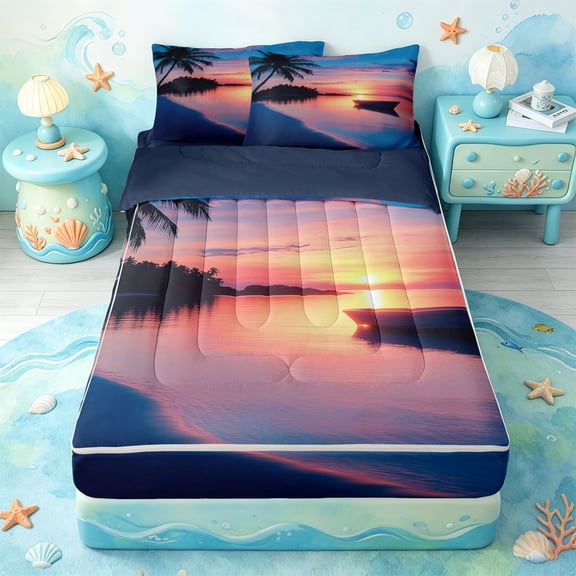 Erosebridal Sunset Beach Pattern Zipper Twin Comforter Sets with Fitted Sheet and 2 Pillowcases,Palm Boat Tropical Zipper Bedding Set For Boys,Navy Blue Reversible,4-Piece