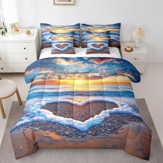 Erosebridal Sunset Bedding Set Love Heart Ocean Wave King Bedding Set Adults,Hawaii Beach Holiday Bed In A Bag 7 Pcs Sea Theme Coastal Sheet Set With Comforter