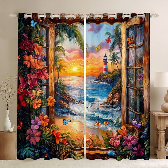 Erosebridal Sunset Flower Lighthouse Curtains and Drapes (42Wx90L),Butterfly Ocean Wave Beach 30%-50% Blackout Curtains for Bedroom,Sea Decor