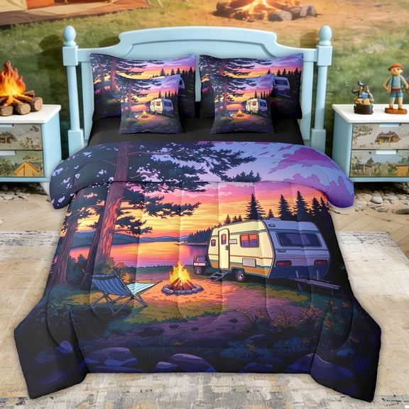Erosebridal Sunset Lake RV Car Camping Twin Bedding Sets, Purple Orange Forest Bedding Comforter Set for Men and Women, 7 Pieces