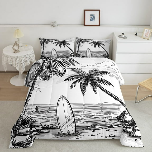 Erosebridal Surfboard Surfing Bedding Twin Comforter Set, Tropical Beach Down Comforter, Marine Theme Decor, Reversible