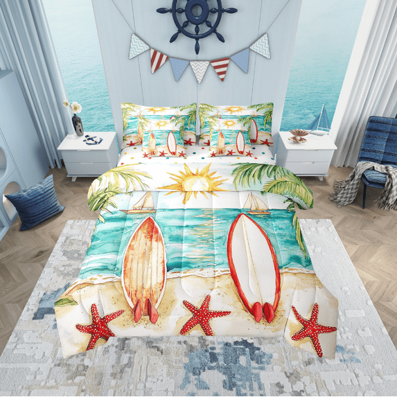 Erosebridal Surfing Surfboard Bedding Full Size, Summer Beach Bedding Sets Full Size, Ocean Starfish Reversible Bed Set, Lightweight Bedroom Decoration, 7pcs