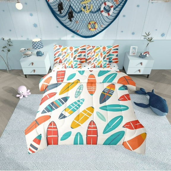 Erosebridal Surfing Surfboard Bedding Sets Twin Size,Ocean Theme Comforter Sets with Sheets,Summer Holiday Bed in a Bag Twin size,Super Cozy Sea Room Decor,Reversible,7-Piece