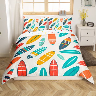 Queen Size Surfboard Bedspread Set - Surfing Theme With 2 Pillow Shams