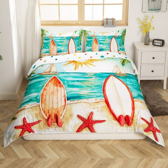 Erosebridal Surfing Surfboard Duvet Cover Twin, Summer Beach Comforter Cover Twin, Ocean Starfish Reversible Bedding Sets Twin Size, Lightweight Bedroom Decoration, 2pcs(No Comforter)