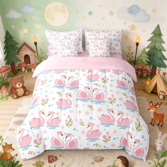 Erosebridal Swan Full Size Bedding Sets for Girls, Pink Tulips Full Size Bed in a Bag, Pink Reversible 7 Pieces