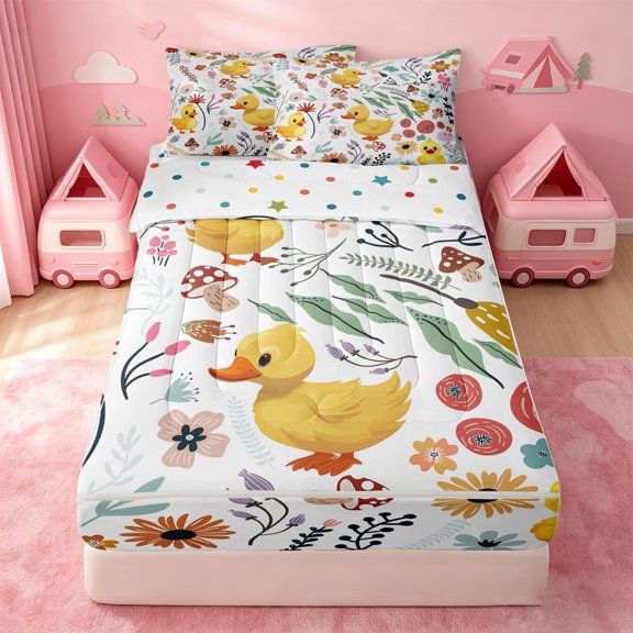 Erosebridal Sweet Duck Blossom Zipper Twin Comforter Sets with Fitted Sheet and 2 Pillowcases,Fresh Fungi Zipper Bedding Set For Girls,Polkadot Reversible,4pcs