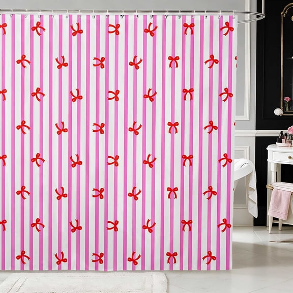 Erosebridal Sweet Satin Bow Ribbon Shower Curtain 72Wx72L for Girls, Romantic Floral Print Waterproof Bathroom Curtain