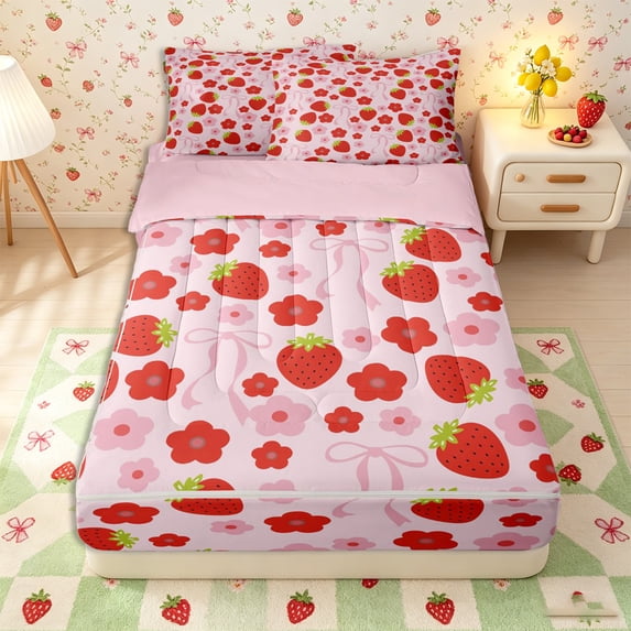 Erosebridal Sweet Strawberry Motif Zipper Twin Comforter Sets with Fitted Sheet and 2 Pillowcases,Delicate Floral Pattern Zipper Bedding Set,Pink Red,Pink Reversible