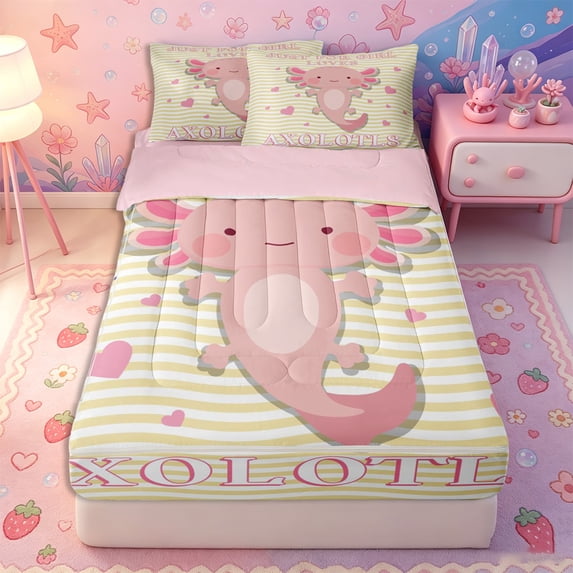 Erosebridal Sweet Wavy Pattern Zipper Queen Comforter Set with Fitted Sheet and 2 Pillowcases,Axolotl Animal Print Zipper Bedding Set,Pink Pale Yellow,Pink Reversible